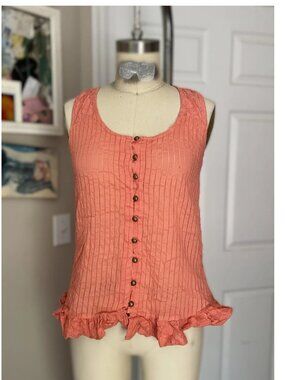 ANGIE Coral Peasant Cotton GAUZE Bohemian Buttoned Blouse Tank Shirt *SMALL*